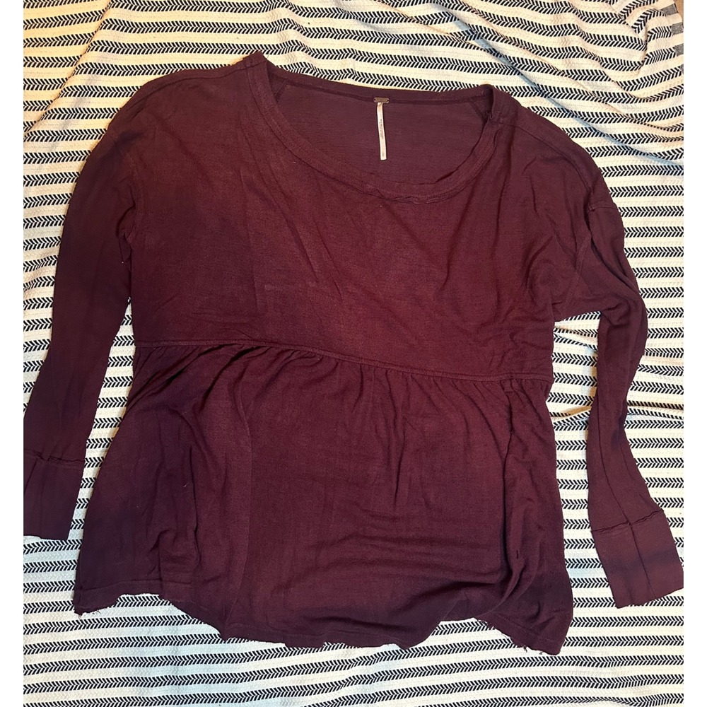 Free People Burgundy Embellished‎ Peplum Long Sleeve Top Women Size Small